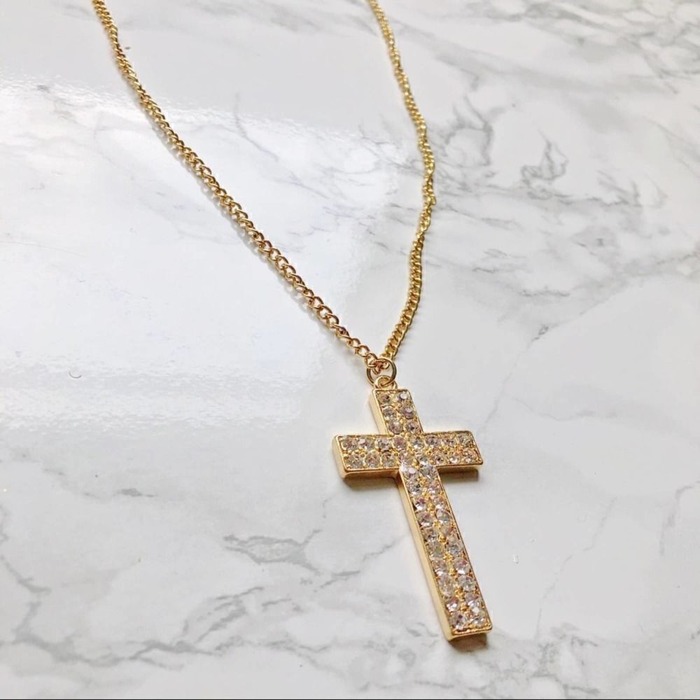 2/$30 Long Gold Crystal Detail Diamond Diamante Rhinestone Cross Necklace